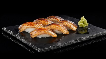 Wall Mural - Anago sushi on a black slate plate, with grilled eel, garnished with a touch of sauce and wasabi, set against a dramatic black background.