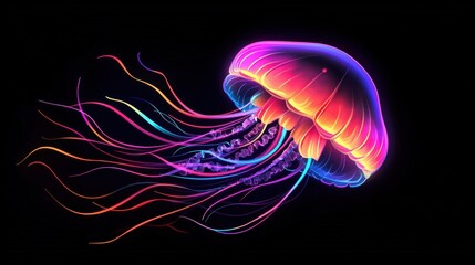 Canvas Print - Neon Jellyfish Swims Through Dark Ocean Depths