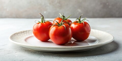 Wall Mural - Vibrant red tomatoes, plump and juicy, gleam against a pristine white plate.