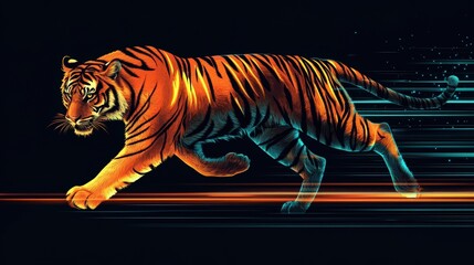 Poster - Fiery Tiger In Motion Across Neon Streaks