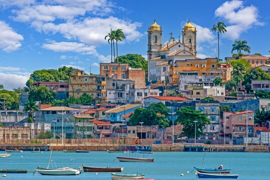 Colorful cityscape of Salvador de Bahia with a historic church and vibrant architecture