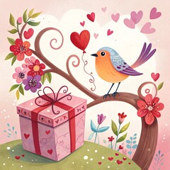 Wall Mural - Happy valentines day birds and flowers