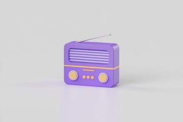 Poster - A purple retro radio with antenna, simple 3D design, nostalgic vibes.