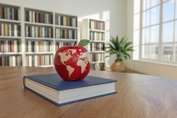 Poster - A red apple with a world map rests on a book, symbolizing global education and knowledge.