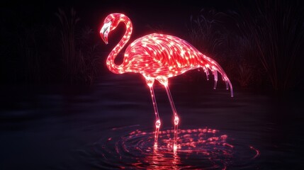 Sticker - Luminous Flamingo Stands Gracefully In Dark Water