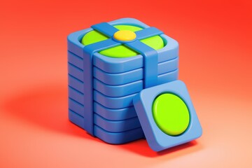 Fototapete - A stack of bright blue layers with a lime green top and a separate button, 3D rendered.