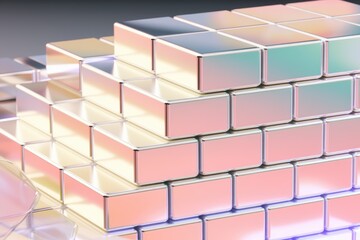 Leinwandbilder - A pyramid structure of iridescent, metallic blocks creates a visually stunning and abstract pattern.