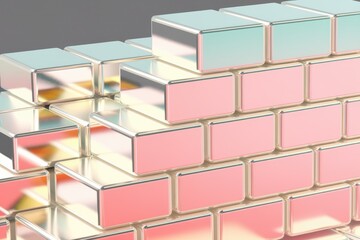 Leinwandbilder - Abstract 3D render of pastel pink and gold metallic blocks stacked like a wall.