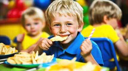 Happy Boy Enjoying Snacks at a Children's Party