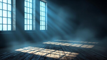 Dimly Lit Stage with Smoky Deep Blue Backdrop and Window Shadows, Creating Dramatic Setting for Product Display and Mystery