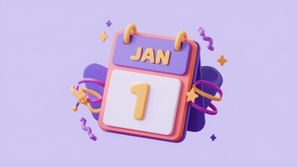 Poster - A 3D render of a calendar showing January 1st, decorated with colorful, playful elements.