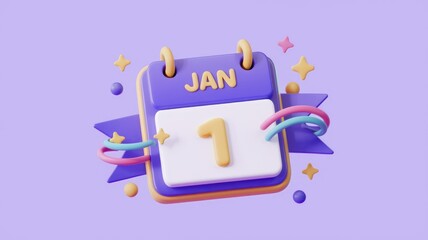Poster - A 3D rendered calendar showing January 1st, decorated with colorful ribbons and stars.
