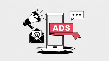 Poster - Mobile ads campaign illustration showing email, megaphone, and chat bubble indicating diverse marketing strategies.