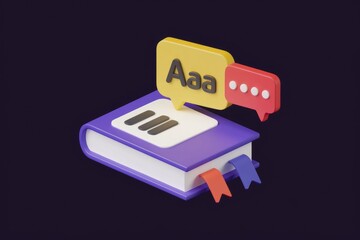 Fototapete - A 3D illustration of a book with speech bubbles indicating online learning or reading.