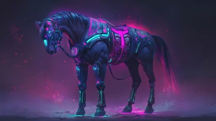 Canvas Print - Cybernetic Horse Stands in Neon Glow Digital Art