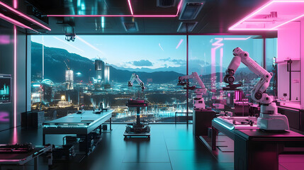 Wall Mural - a neon-lit futuristic lab with hot pink and cyan lights, robots welding parts for hoverboards and a 