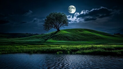 Wall Mural - Serene Nightscape: Lone Tree Under a Full Moon