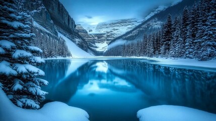 Wall Mural - Serene Winter Lake nestled in Canadian Rockies, Stunning Reflection