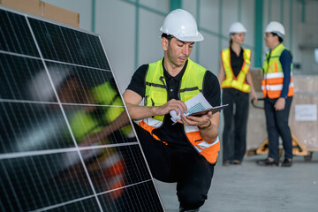 Wall Mural - man in a yellow vest is looking at a tablet while standing next to a solar pan