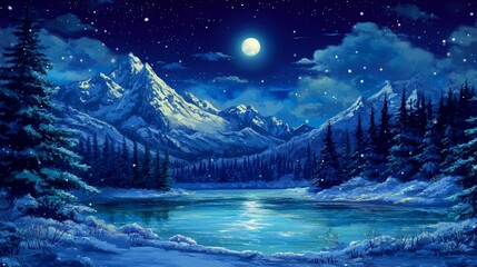 Wall Mural - Winter Night Serenity: Snowfall over Mountain Lake