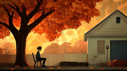 Wall Mural - Autumn Sunset Solitude: A Girl Sits Beneath a Crimson Tree