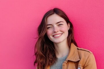 Wall Mural - Portrait of a trendy young woman smiling warmly near a vivid pink background