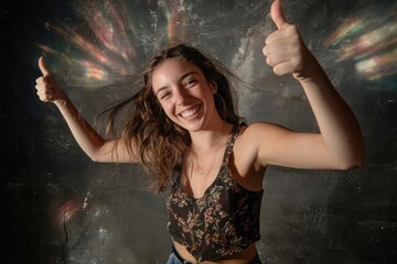 Wall Mural - Positive young woman giving a double thumbs-up gesture while radiating joy in a studio setting