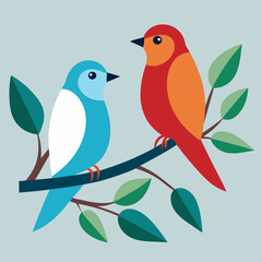 Two birds sit on trees branch minimalistic