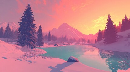 Wall Mural - Serene Winter Sunset: A Breathtaking Mountain Lake Landscape