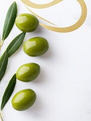 Wall Mural - Three Green Olives with Leaves Branch - Fresh green olives on a branch, symbolizing nature, health, Mediterranean cuisine, purity, and abundance.  A vibrant image for food blogs or recipes.