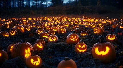 haunted pumpkin patch filled with glowing lanterns and creepy shadows
