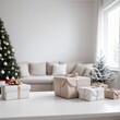 © Bboy - Presents in snow on white table. White minimalistic scandi style New Year interior. Blurred living room background with copy space. Cozy family holidays. Composition with festive winter holiday decor.
