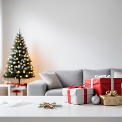 Wall Mural - Presents in snow on white table. White minimalistic scandi style New Year interior. Blurred living room background with copy space. Cozy family holidays. Composition with festive winter holiday decor.