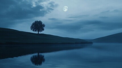 Wall Mural - Serene Nightscape: Lone Tree by Moonlit Lake