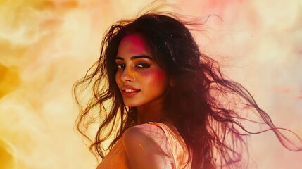 Portrait of Young Indian woman celebrating Holi festival. Indian cultural Holi gatherings