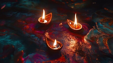 Diya oil lamps lit on vibrant rangoli during Indian festival Diwali, symbolizing light, joy, and tradition. Hindu celebration of Deepavali, creating a festive and spiritual atmosphere