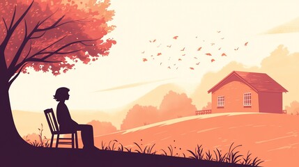 Wall Mural - Solitude at Sunset: A Silhouette by the Tree