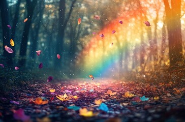 Wall Mural - A rainbow in the forest, magical light and glitter on the ground, autumn leaves flying around