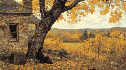 Wall Mural - Autumnal Solitude: A Woman Contemplates the Golden Landscape