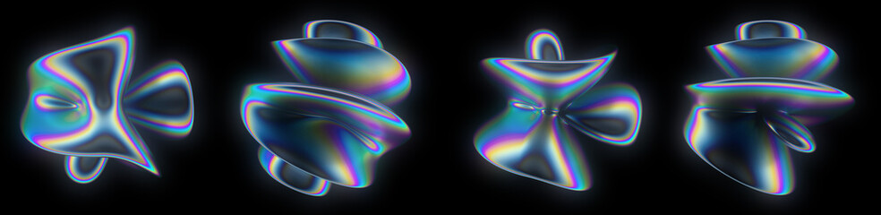 Wall Mural - set of glitched holographic 3d spheres and blobs with ripples. bold brightly colored illustrations i
