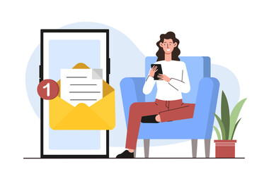 Wall Mural - new message at smartphone. woman near mobile phone with envelope with letter. electronic mail and me