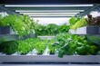 © alisluch - Fresh green leafy vegetables growing in a modern indoor hydroponic farm under LED lights, promoting sustainable and efficient agriculture. Copy space