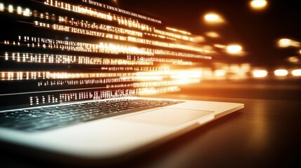Digital Code Flowing from Laptop Screen, illuminated by warm lights, symbolizing innovation and technology progress