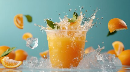 A vibrant image capturing a refreshing orange drink with splashes of juice, ice cubes, and citrus slices against a blue background, exuding freshness and vitality.