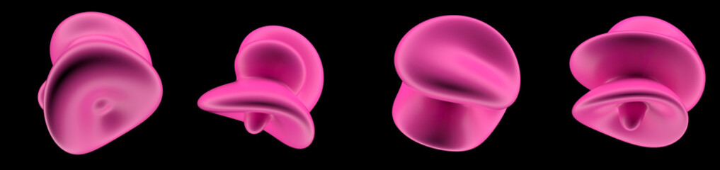 Wall Mural - Set of glossy pink glitched blobs on a dark background. Colection of 3D abstract shapes for design projects.