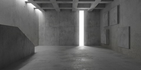 Poster - Abstract empty, modern concrete room with thin opening in the back, beams, stairs to the left and rough floor - industrial interior background template