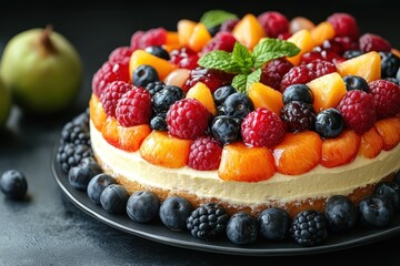 Delicious dessert with fresh fruits and creamy filling arranged on a black plate in a bright kitchen setting