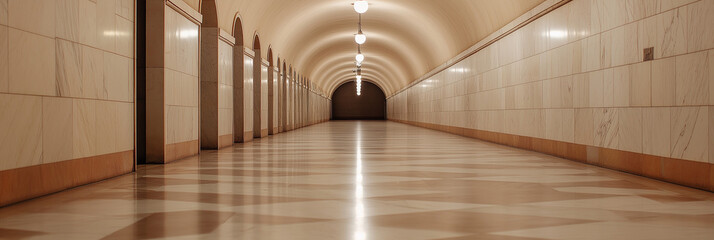 a perspective view down an empty, grand corridor featuring an arched ceiling and classic design elem