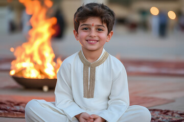 Young boy in traditional attire smiling near a warm fire during a cultural celebration