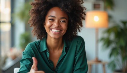 Canvas Print - A joyful young woman with curly hair smiles brightly while giving a thumbs up in a cozy, well-lit indoor setting. Her vibrant green shirt complements her radiant personality, creating an inviting